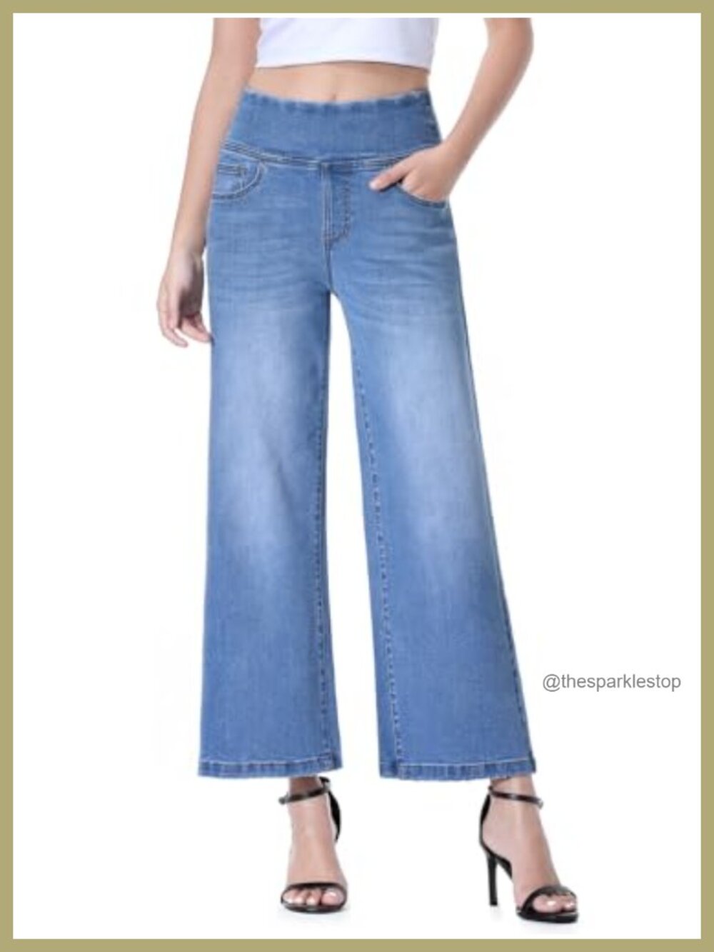 Wide Leg Cropped Jeans Pull On Elastic Waist Stretchy Petite Pants